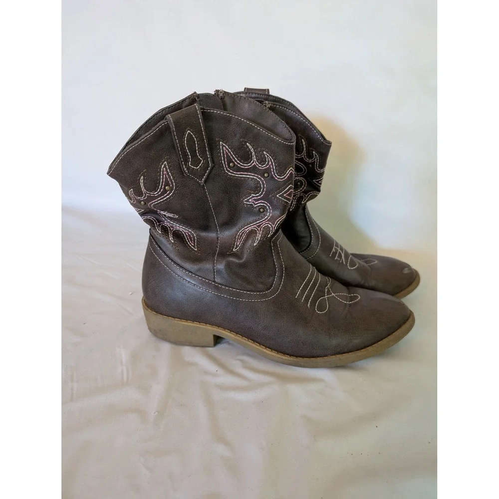 Wonder Nation Girls Brown Western Cowboy Boots Pink Stitching Size 4 GGWN40FM008